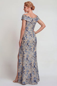 Grey Blue Mermaid Jacquard Floral Long Mother of the Bride Dress with Slit