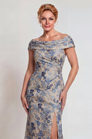 Load image into Gallery viewer, Grey Blue Mermaid Jacquard Floral Long Mother of the Bride Dress with Slit