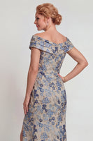 Load image into Gallery viewer, Grey Blue Mermaid Jacquard Floral Long Mother of the Bride Dress with Slit