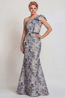 Load image into Gallery viewer, Grey Blue Floral One Shoulder Jacquard Long Mother of the Bride Dress with Bow