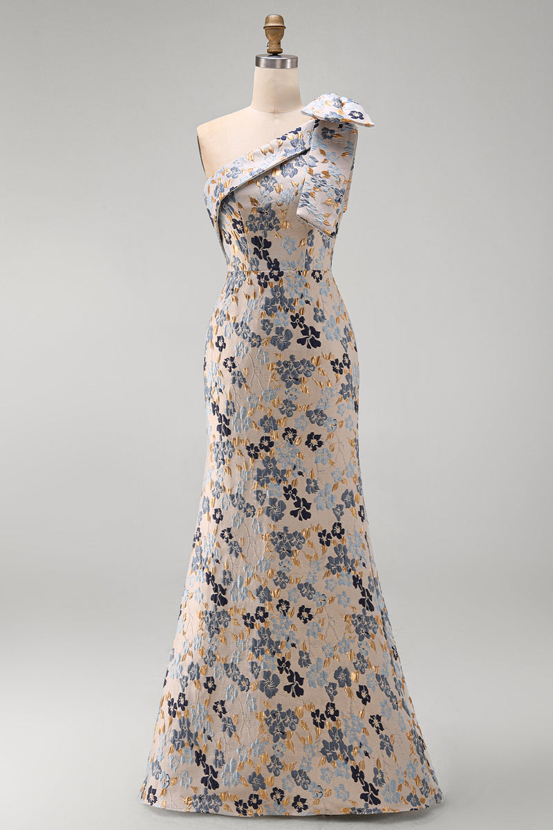 Load image into Gallery viewer, Grey Blue Floral One Shoulder Jacquard Long Mother of the Bride Dress with Bow