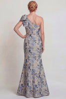 Load image into Gallery viewer, Grey Blue Floral One Shoulder Jacquard Long Mother of the Bride Dress with Bow