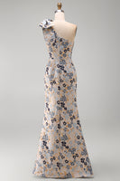 Load image into Gallery viewer, Grey Blue Floral One Shoulder Jacquard Long Mother of the Bride Dress with Bow