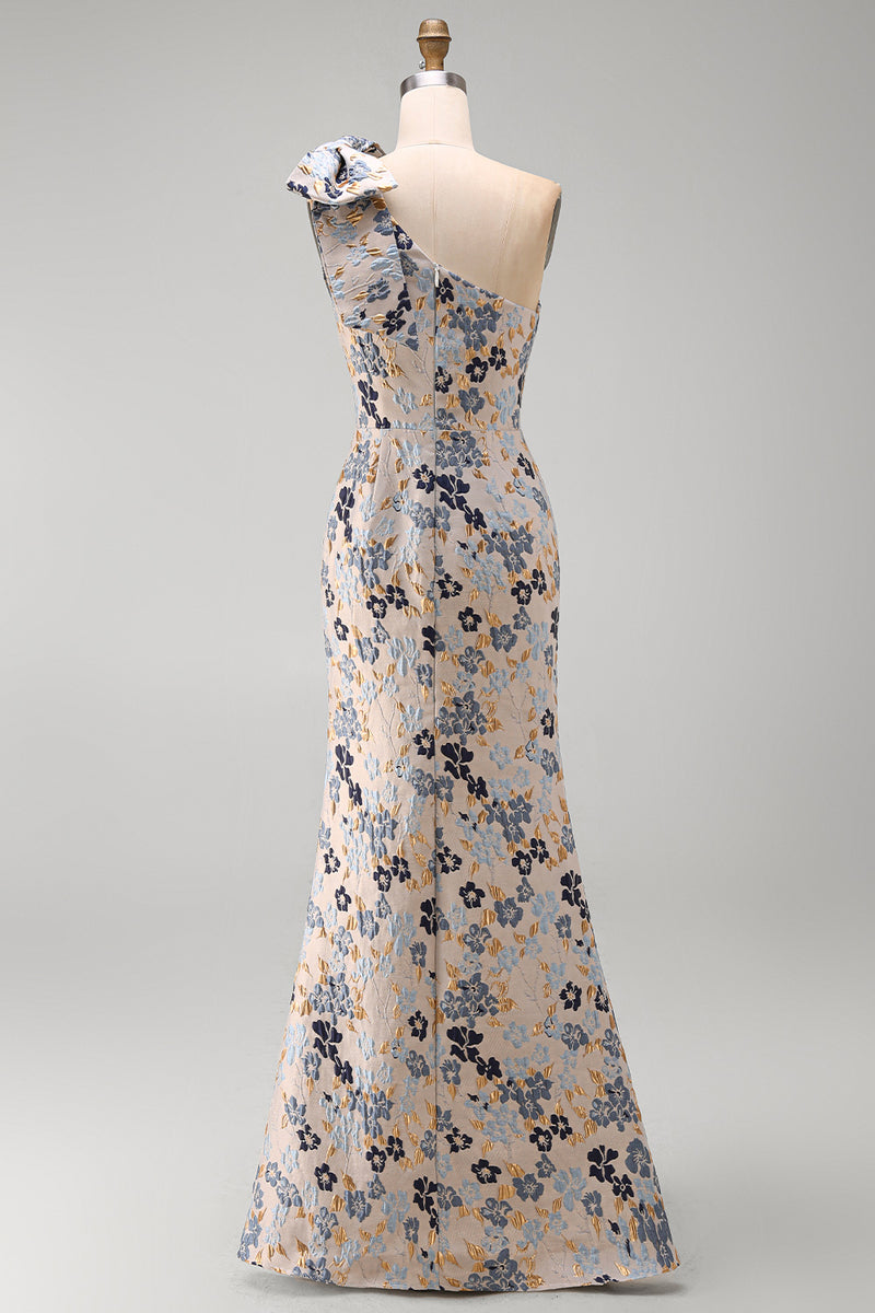 Load image into Gallery viewer, Grey Blue Floral One Shoulder Jacquard Long Mother of the Bride Dress with Bow