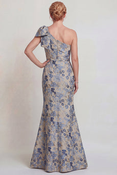 Grey Blue Floral One Shoulder Jacquard Long Mother of the Bride Dress with Bow