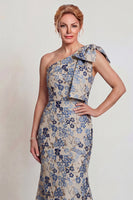Load image into Gallery viewer, Grey Blue Floral One Shoulder Jacquard Long Mother of the Bride Dress with Bow