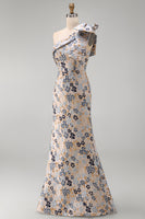 Load image into Gallery viewer, Grey Blue Floral One Shoulder Jacquard Long Mother of the Bride Dress with Bow