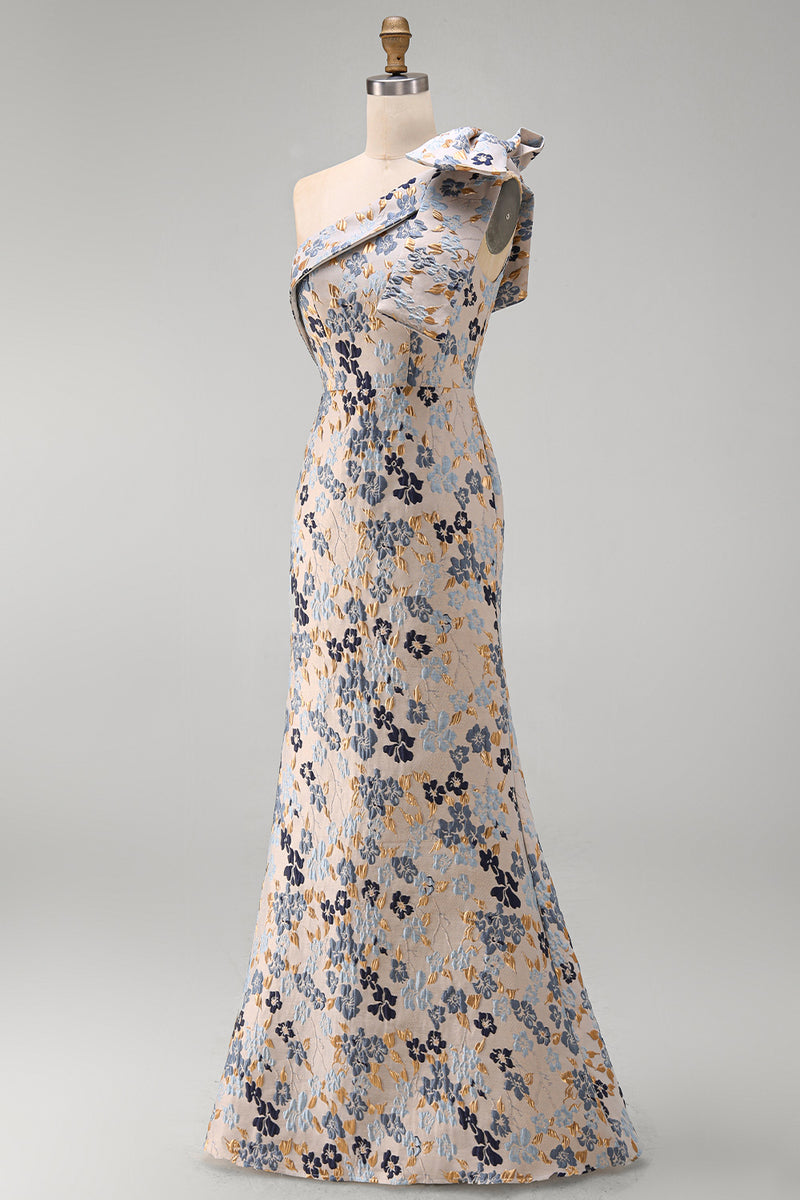 Load image into Gallery viewer, Grey Blue Floral One Shoulder Jacquard Long Mother of the Bride Dress with Bow