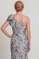 Load image into Gallery viewer, Grey Blue Floral One Shoulder Jacquard Long Mother of the Bride Dress with Bow