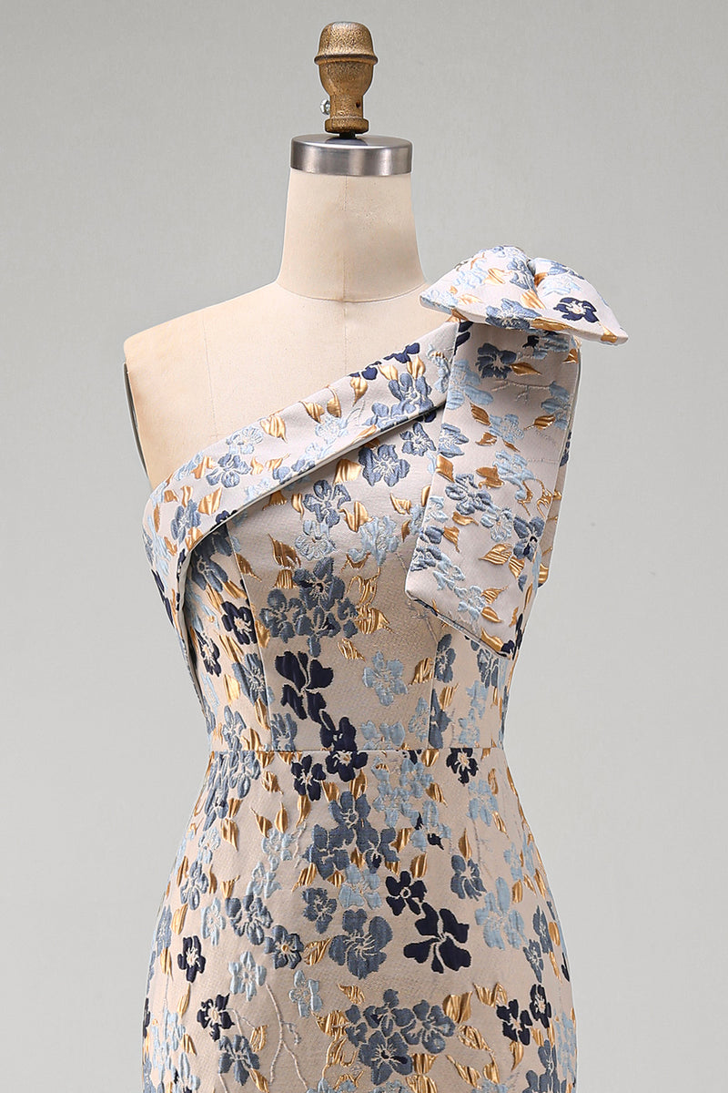 Load image into Gallery viewer, Grey Blue Floral One Shoulder Jacquard Long Mother of the Bride Dress with Bow