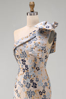 Load image into Gallery viewer, Grey Blue Floral One Shoulder Jacquard Long Mother of the Bride Dress with Bow