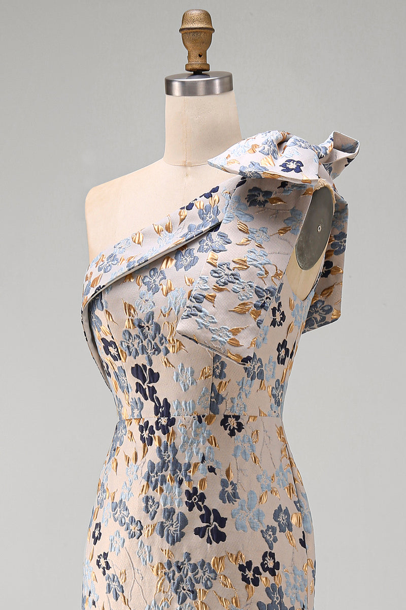 Load image into Gallery viewer, Grey Blue Floral One Shoulder Jacquard Long Mother of the Bride Dress with Bow