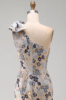 Load image into Gallery viewer, Grey Blue Floral One Shoulder Jacquard Long Mother of the Bride Dress with Bow