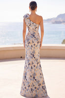 Load image into Gallery viewer, Grey Blue Floral One Shoulder Jacquard Long Mother of the Bride Dress with Bow