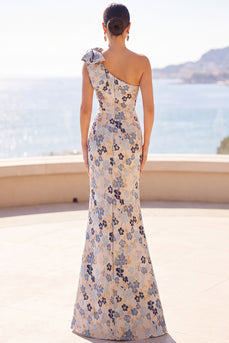 Grey Blue Floral One Shoulder Jacquard Long Mother of the Bride Dress with Bow