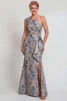 Load image into Gallery viewer, Grey Blue Floral One Shoulder Jacquard Long Mother of the Bride Dress with Slit