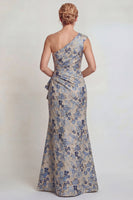 Load image into Gallery viewer, Grey Blue Floral One Shoulder Jacquard Long Mother of the Bride Dress with Slit