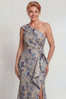 Load image into Gallery viewer, Grey Blue Floral One Shoulder Jacquard Long Mother of the Bride Dress with Slit