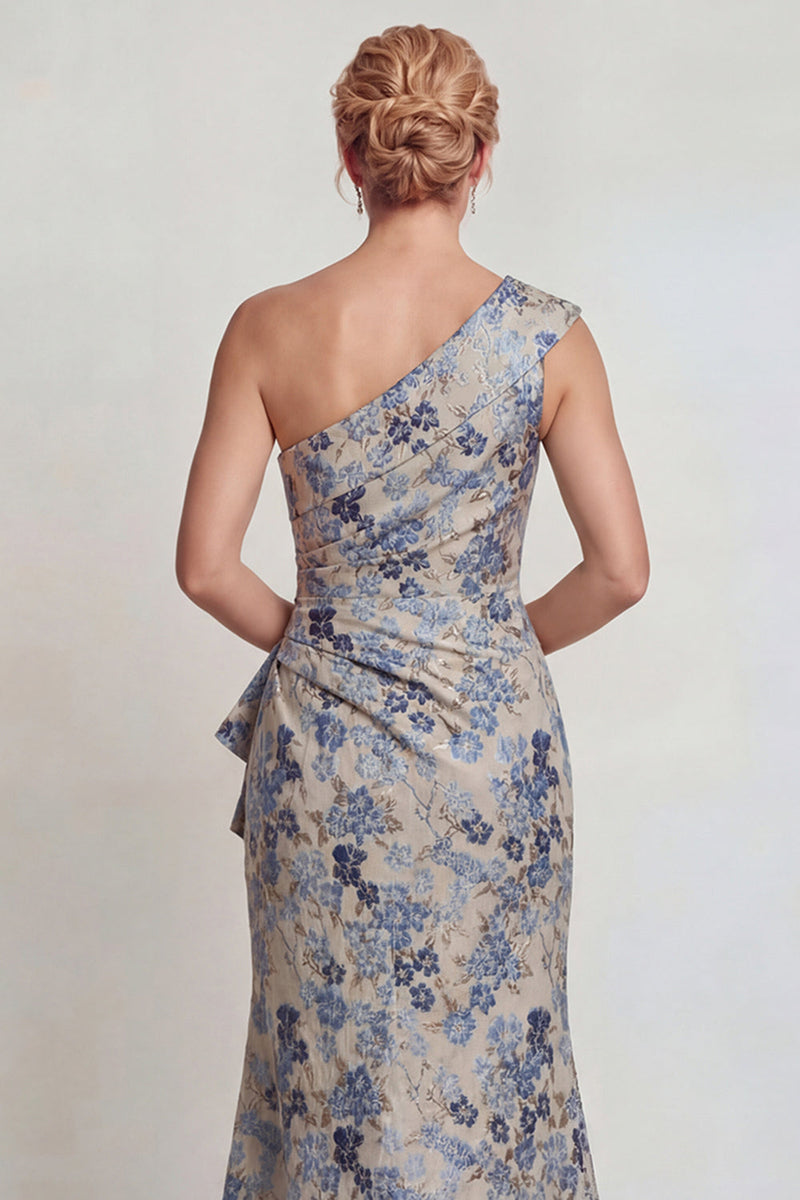Load image into Gallery viewer, Grey Blue Floral One Shoulder Jacquard Long Mother of the Bride Dress with Slit