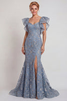 Load image into Gallery viewer, Sparkly Grey Blue Ruffled Sleeves Mermaid Long Mother of the Bride Dress with Slit
