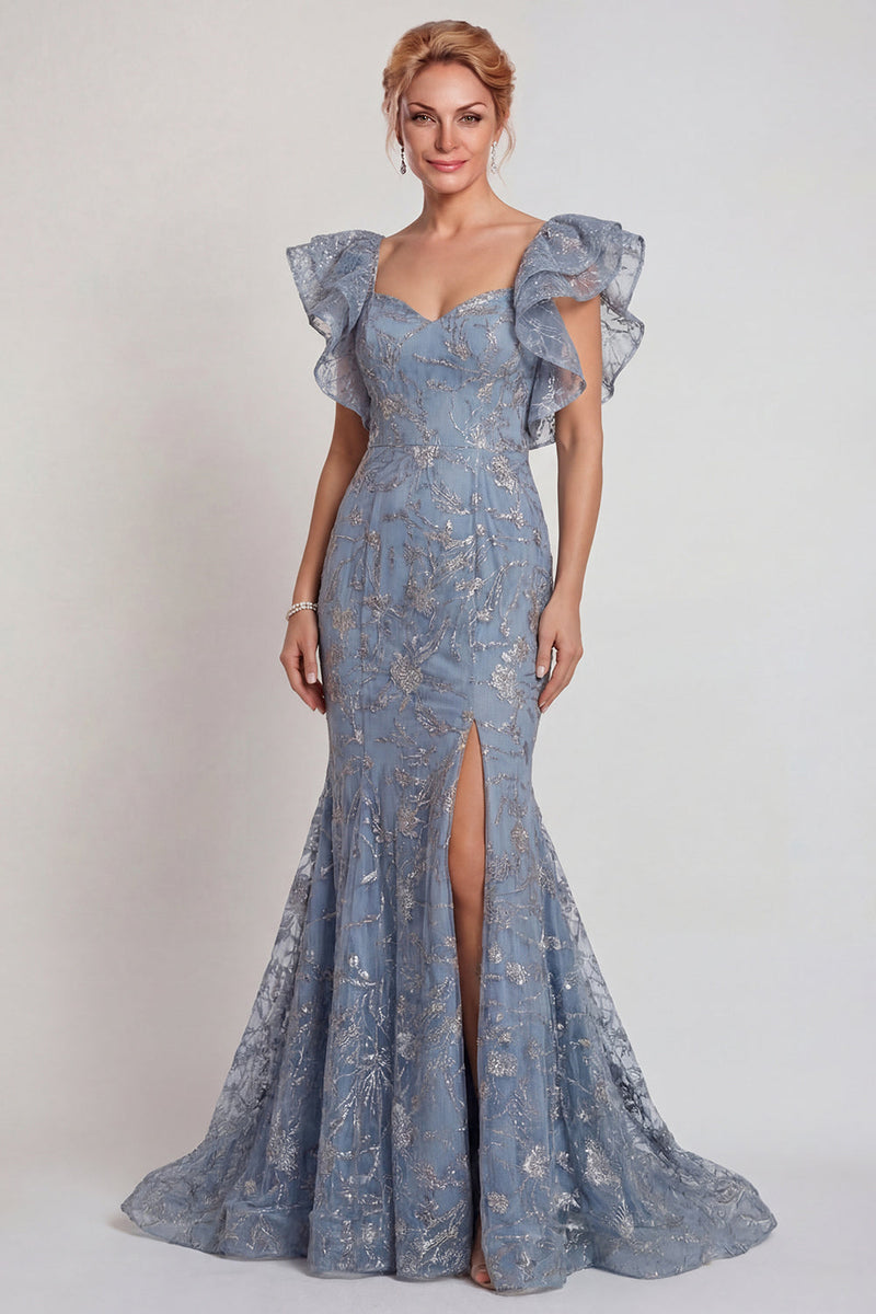 Load image into Gallery viewer, Sparkly Grey Blue Ruffled Sleeves Mermaid Long Mother of the Bride Dress with Slit