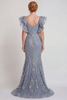 Sparkly Grey Blue Ruffled Sleeves Mermaid Long Mother of the Bride Dress with Slit