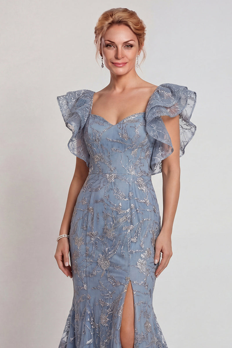 Load image into Gallery viewer, Sparkly Grey Blue Ruffled Sleeves Mermaid Long Mother of the Bride Dress with Slit