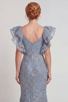 Load image into Gallery viewer, Sparkly Grey Blue Ruffled Sleeves Mermaid Long Mother of the Bride Dress with Slit