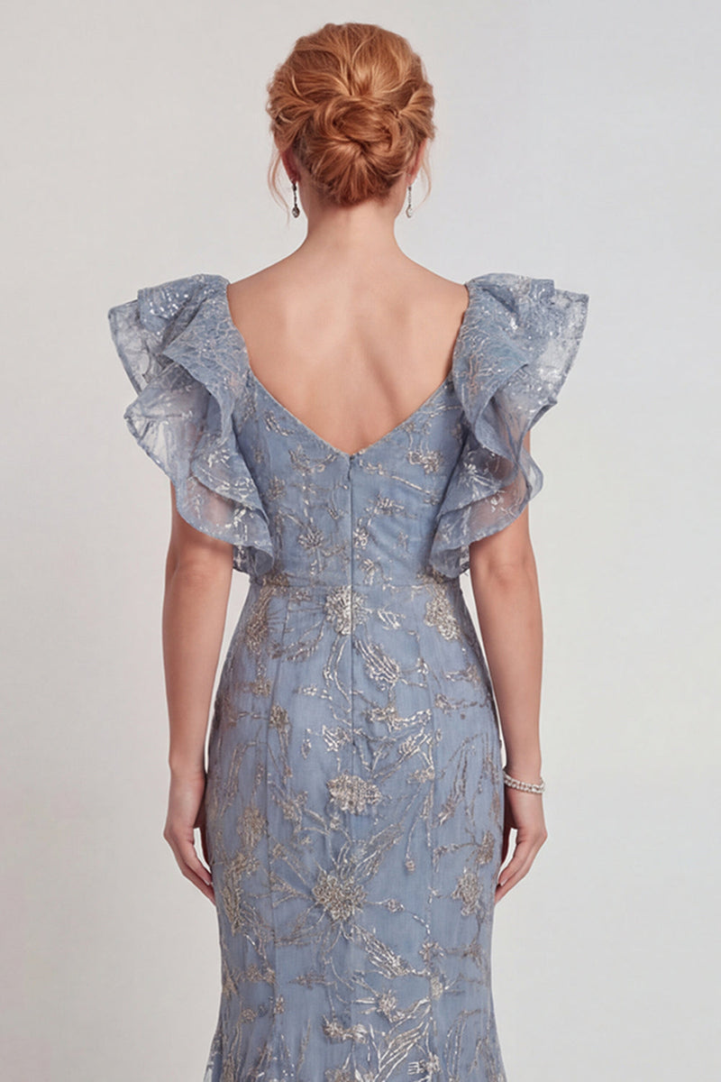 Load image into Gallery viewer, Sparkly Grey Blue Ruffled Sleeves Mermaid Long Mother of the Bride Dress with Slit