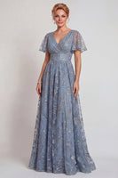 Load image into Gallery viewer, Sparkly Grey Blue A Line V-Neck Long Mother of the Bride Dress with Sleeves