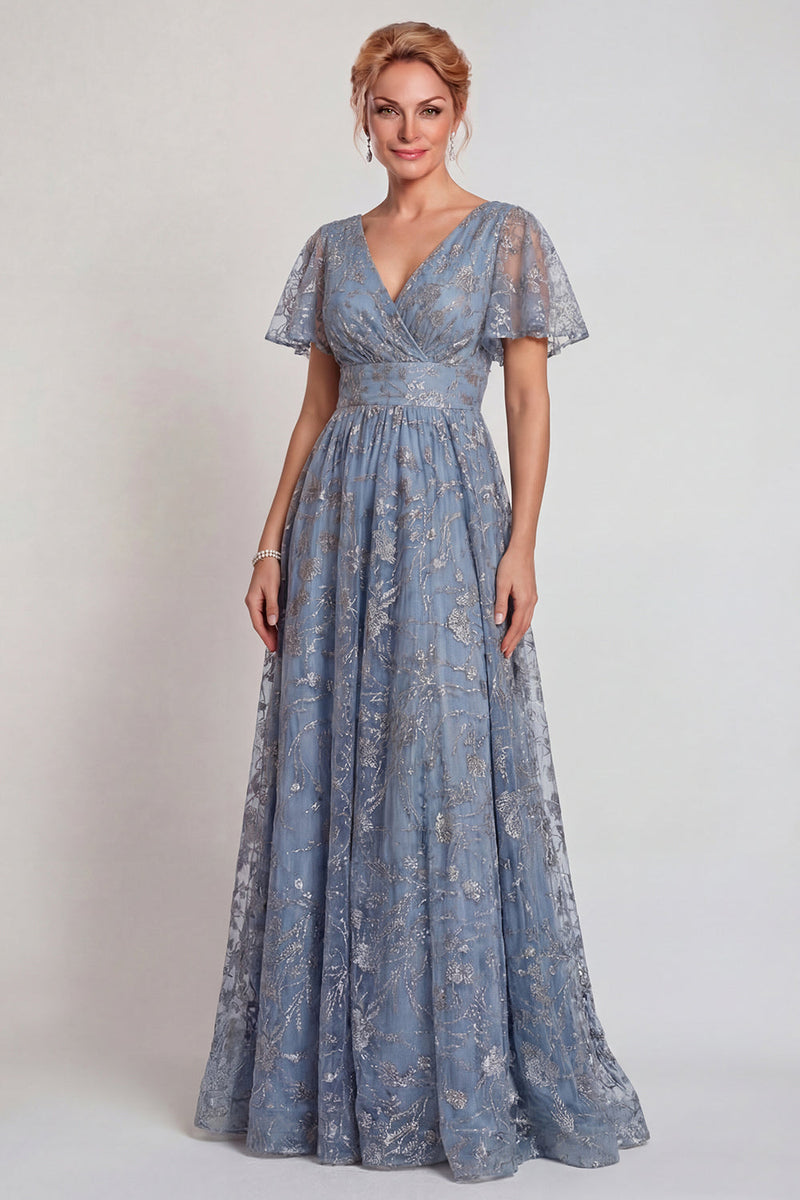 Load image into Gallery viewer, Sparkly Grey Blue A Line V-Neck Long Mother of the Bride Dress with Sleeves