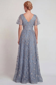 Sparkly Grey Blue A Line V-Neck Long Mother of the Bride Dress with Sleeves
