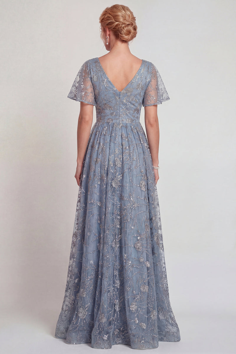 Load image into Gallery viewer, Sparkly Grey Blue A Line V-Neck Long Mother of the Bride Dress with Sleeves