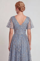 Load image into Gallery viewer, Sparkly Grey Blue A Line V-Neck Long Mother of the Bride Dress with Sleeves