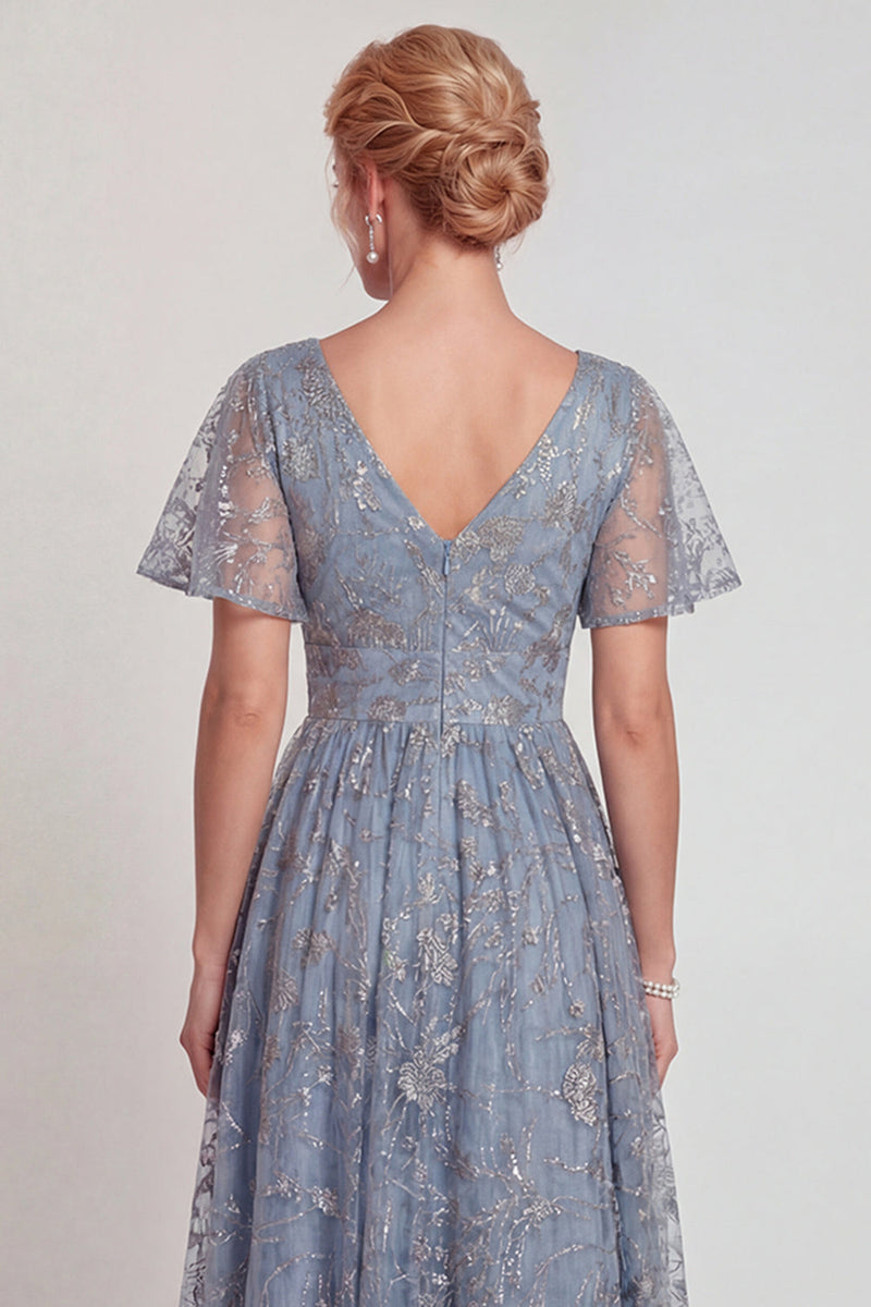 Load image into Gallery viewer, Sparkly Grey Blue A Line V-Neck Long Mother of the Bride Dress with Sleeves