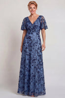 Load image into Gallery viewer, Sparkly Dark Blue V-Neck A Line Floral Long Mother of the Bride Dress with Sleeves