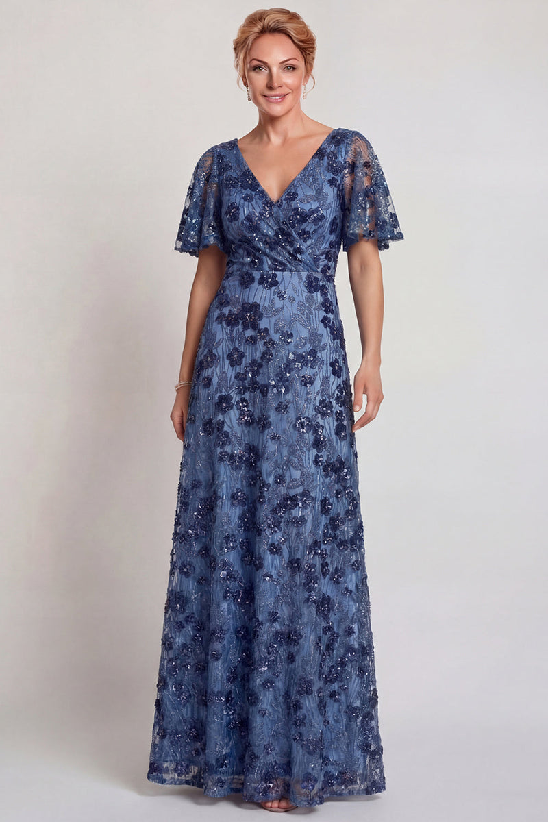 Load image into Gallery viewer, Sparkly Dark Blue V-Neck A Line Floral Long Mother of the Bride Dress with Sleeves