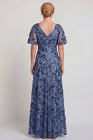 Load image into Gallery viewer, Sparkly Dark Blue V-Neck A Line Floral Long Mother of the Bride Dress with Sleeves