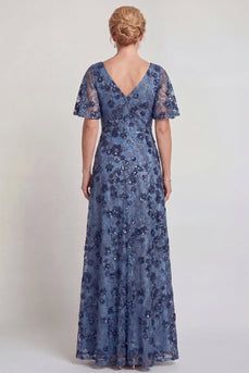 Sparkly Dark Blue V-Neck A Line Floral Long Mother of the Bride Dress with Sleeves