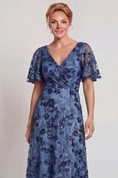 Load image into Gallery viewer, Sparkly Dark Blue V-Neck A Line Floral Long Mother of the Bride Dress with Sleeves