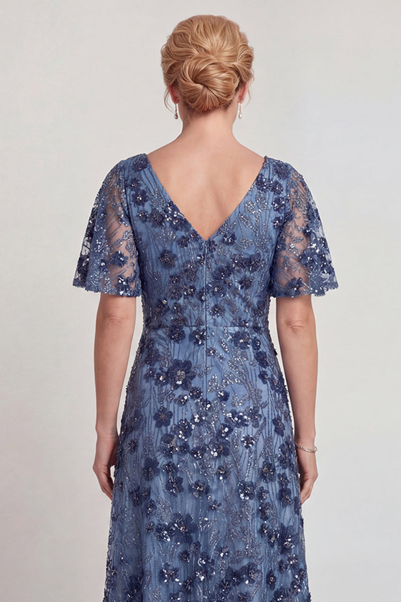 Load image into Gallery viewer, Sparkly Dark Blue V-Neck A Line Floral Long Mother of the Bride Dress with Sleeves