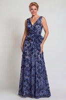 Load image into Gallery viewer, Sparkly Dark Blue A Line Floral V-Neck Long Mother of the Bride Dress with Bow