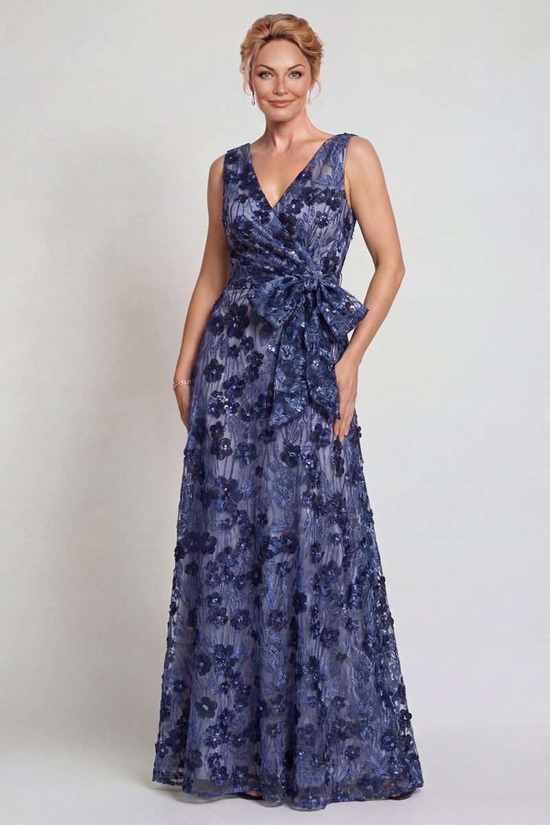 Load image into Gallery viewer, Sparkly Dark Blue A Line Floral V-Neck Long Mother of the Bride Dress with Bow