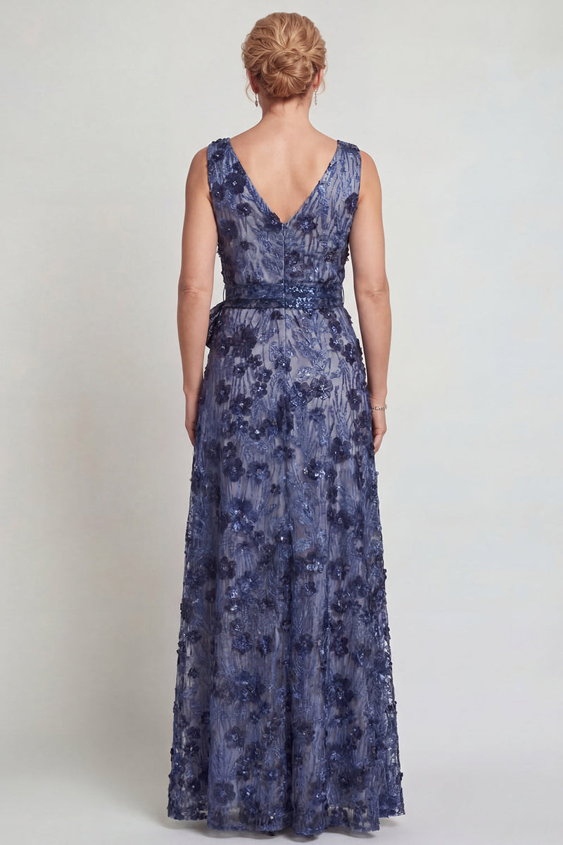 Load image into Gallery viewer, Sparkly Dark Blue A Line Floral V-Neck Long Mother of the Bride Dress with Bow