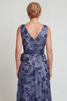 Load image into Gallery viewer, Sparkly Dark Blue A Line Floral V-Neck Long Mother of the Bride Dress with Bow