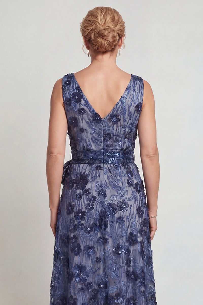 Load image into Gallery viewer, Sparkly Dark Blue A Line Floral V-Neck Long Mother of the Bride Dress with Bow