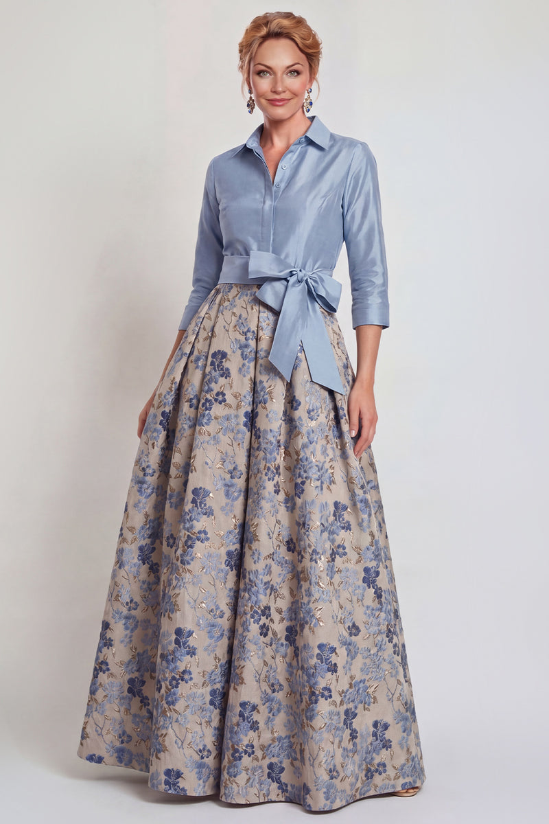 Load image into Gallery viewer, Navy Jacquard Floral A Line 3/4 Sleeves Long Mother of the Bride Dress with Bow
