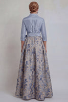 Load image into Gallery viewer, Navy Jacquard Floral A Line 3/4 Sleeves Long Mother of the Bride Dress with Bow