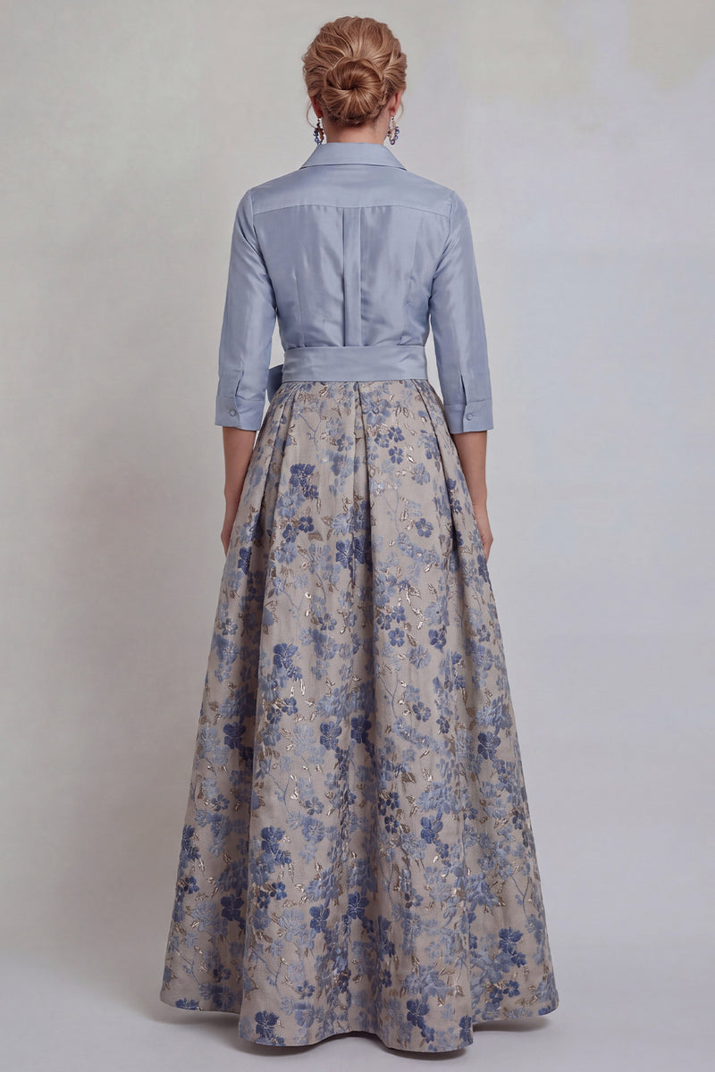 Load image into Gallery viewer, Navy Jacquard Floral A Line 3/4 Sleeves Long Mother of the Bride Dress with Bow