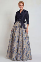 Load image into Gallery viewer, Navy Jacquard Floral A Line 3/4 Sleeves Long Mother of the Bride Dress with Bow